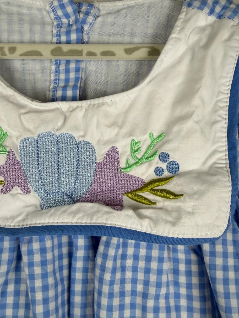 Honey Bean Blue White Gingham Seashell Embroidery Coastal Dress Beach Size 4